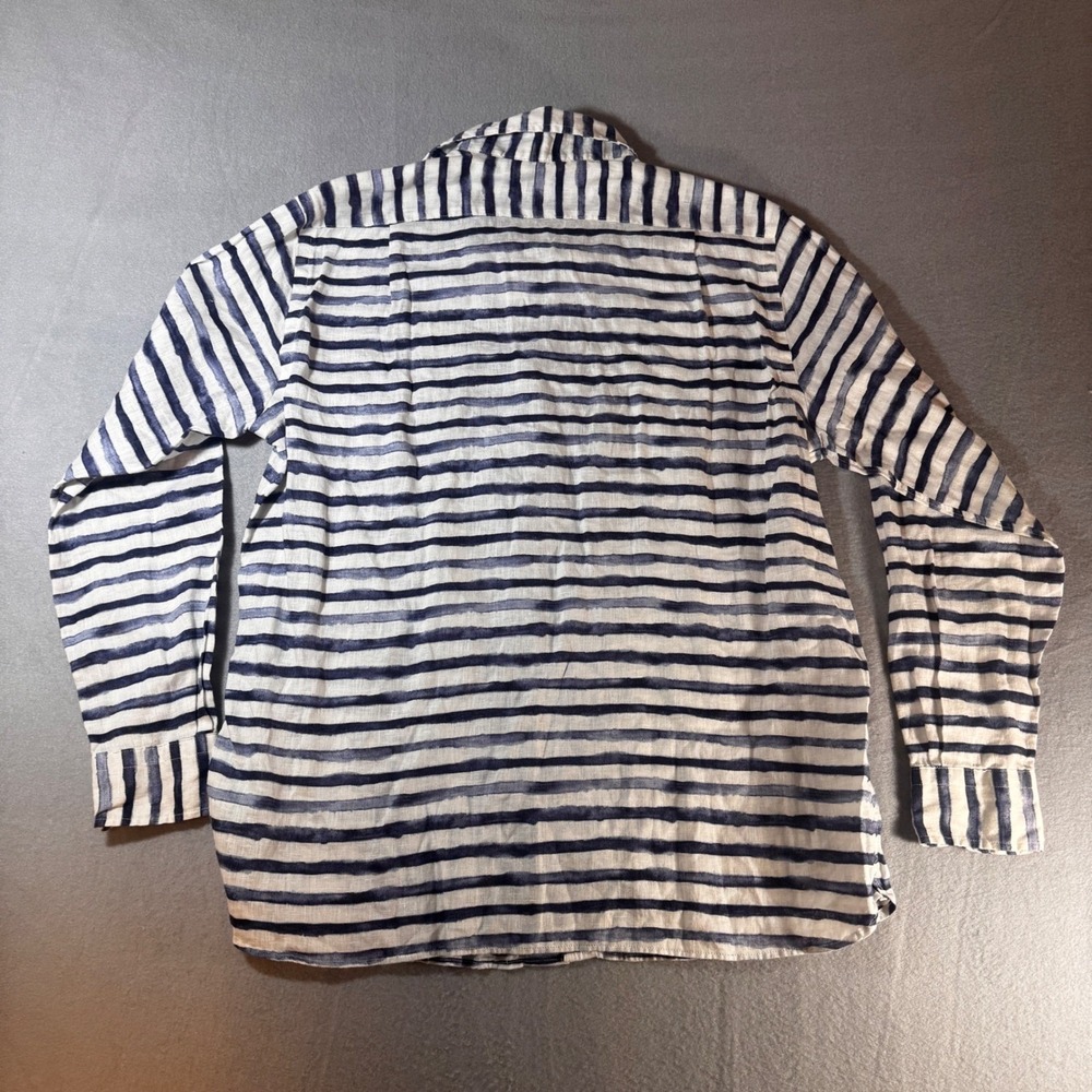 Cremeux 100% Linen Blue White Striped Button Front Shirt Long Sleeve - Picture 8 of 8